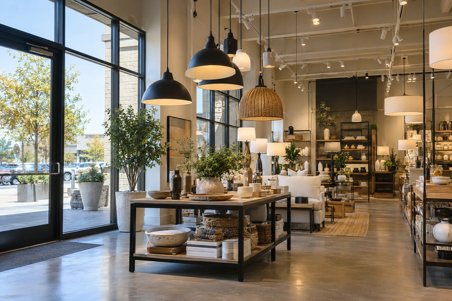 Pendants and track lighting above homeware displays beside a retail entrance