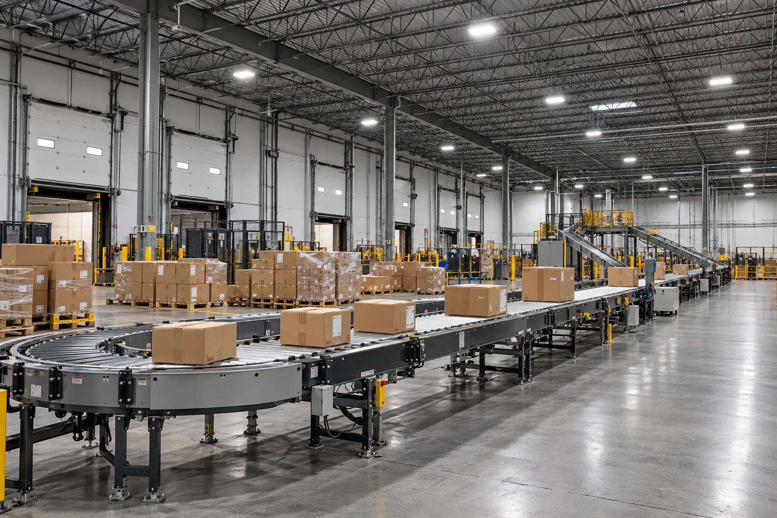 High-bay fixtures above parcel conveyors and distribution loading doors