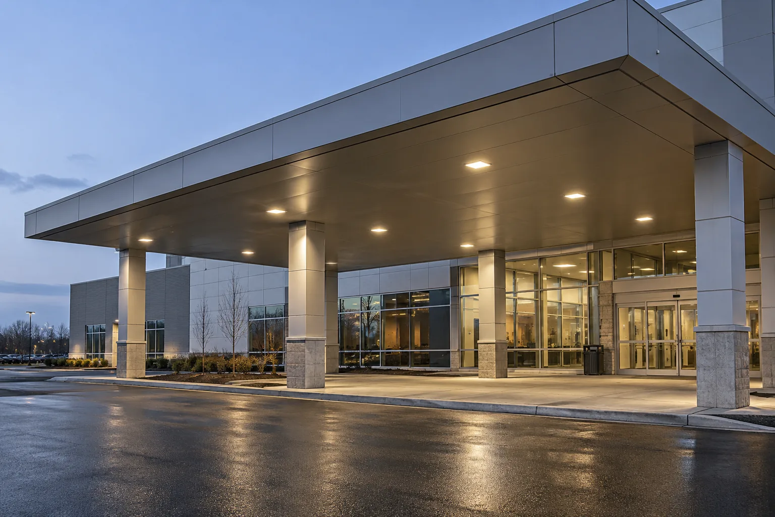 Recessed canopy fixtures above a broad commercial entrance