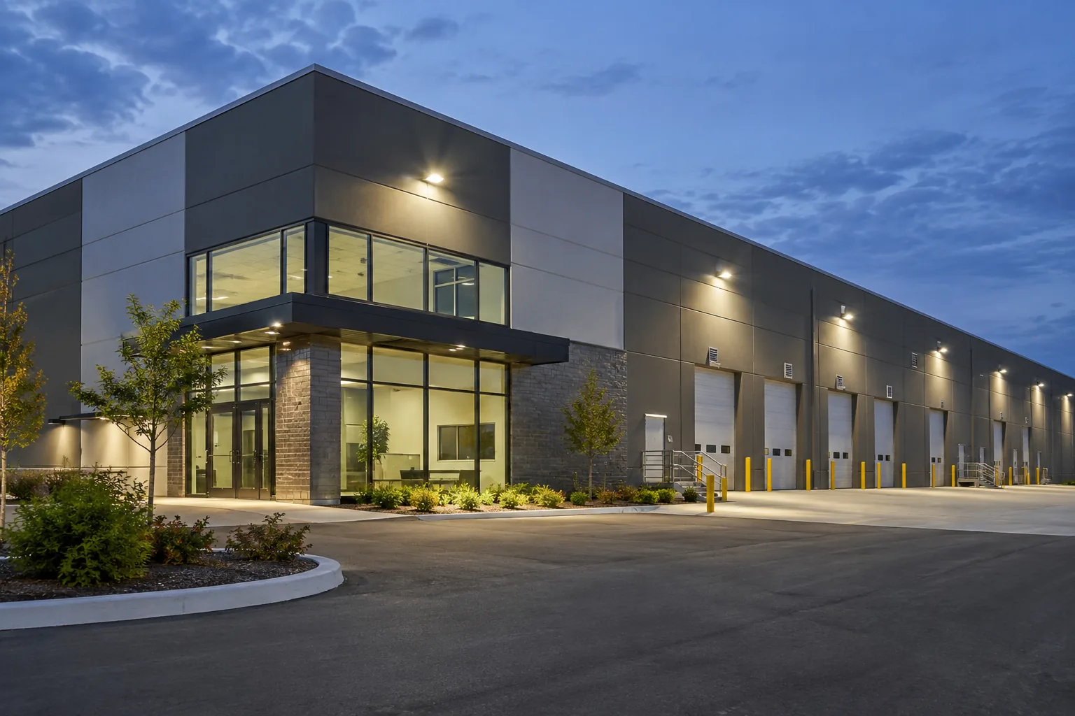 Wall-mounted exterior fixtures along a commercial building and loading area