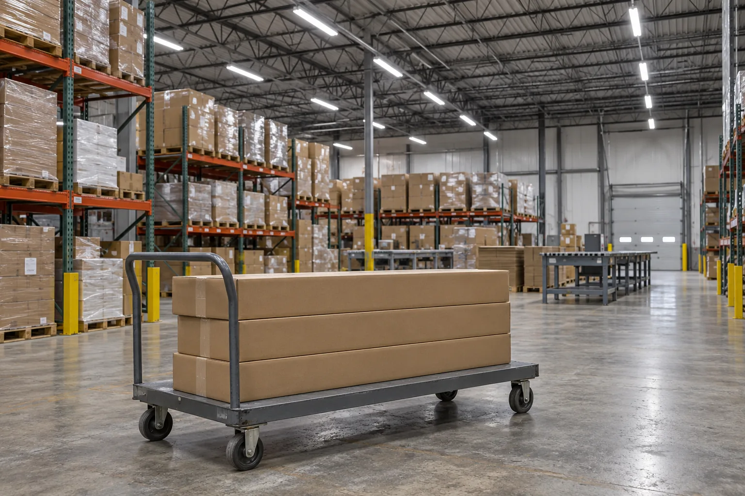 Linear high-bay fixtures above warehouse staging with closed cartons on a cart