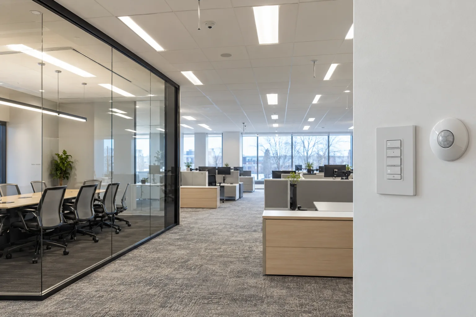 Wall controls beside an office with ceiling panels and a glazed meeting room
