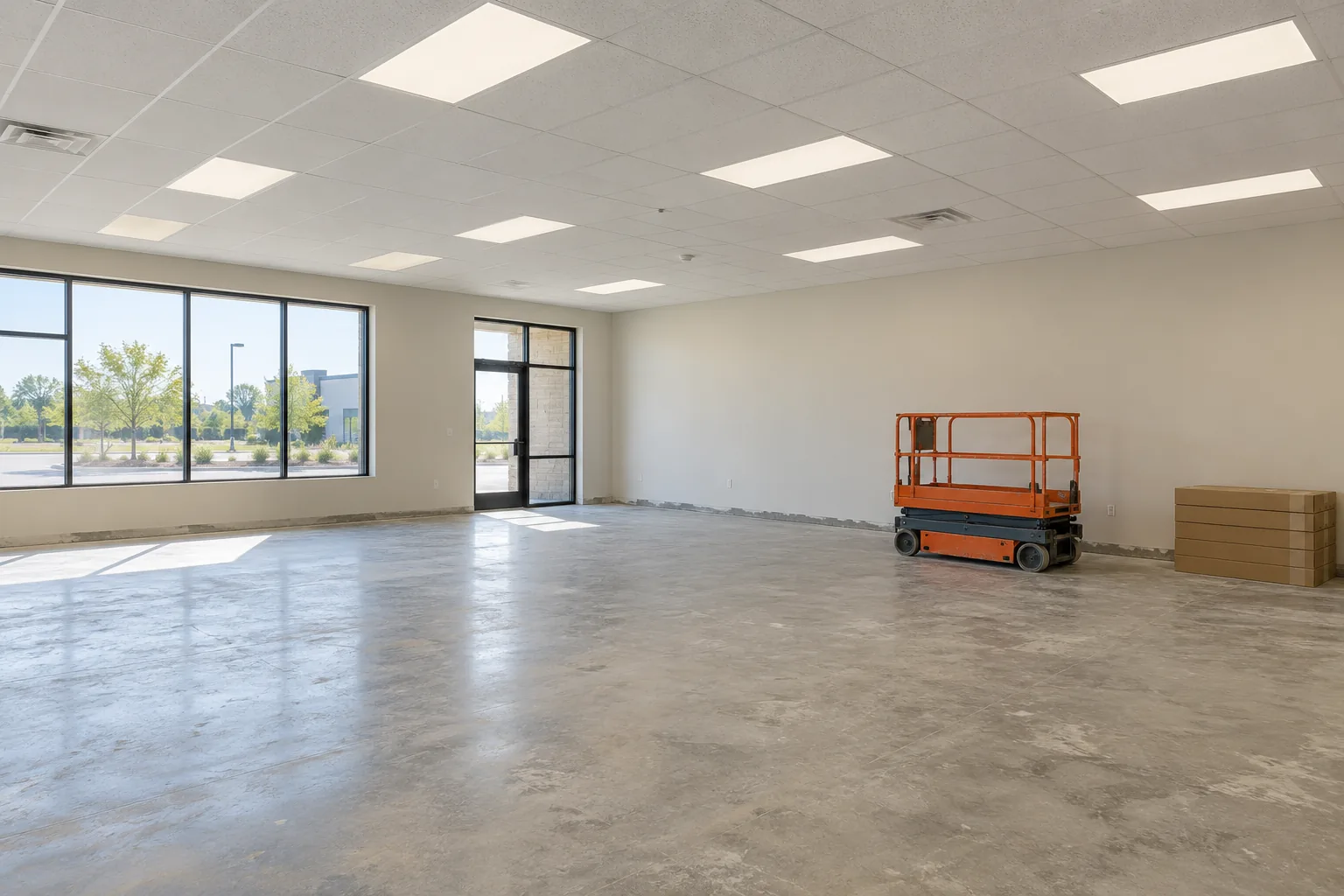 Commercial tenant space with ceiling panels and a parked lowered access lift