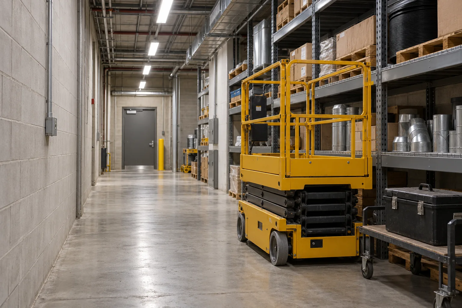 Lowered access equipment in a warehouse service corridor beneath linear lighting
