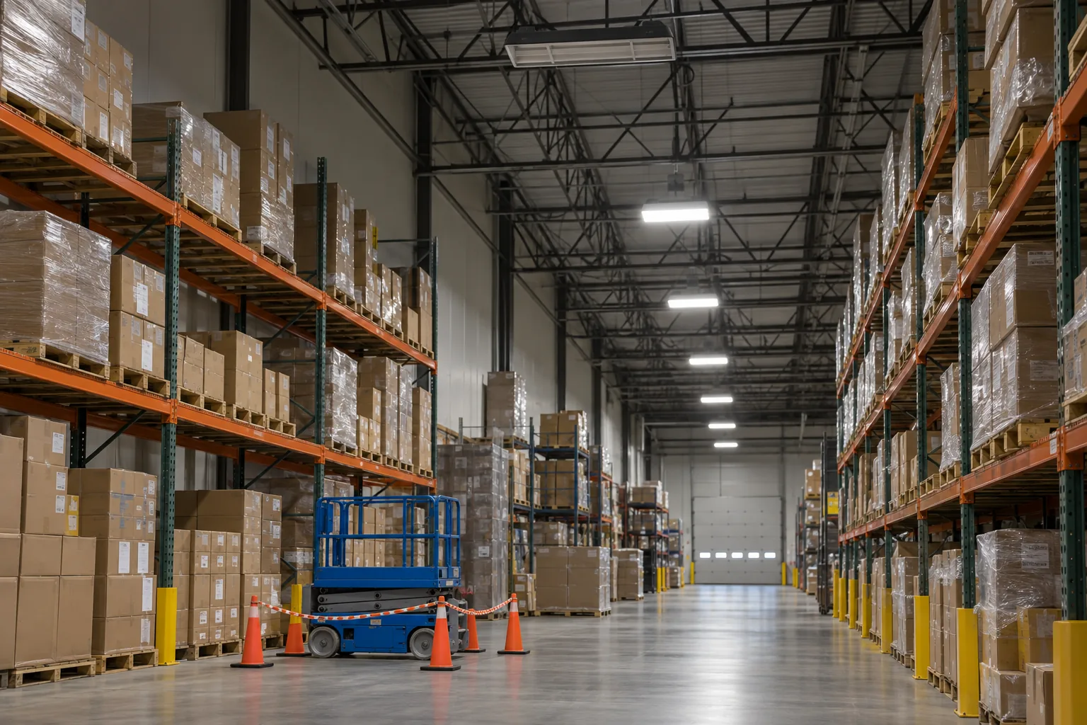 An unlit warehouse high-bay fixture above a lowered lift and marked access area