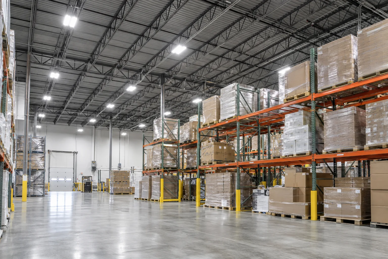 Rectangular high-bay fixtures above pallet storage and an open warehouse floor