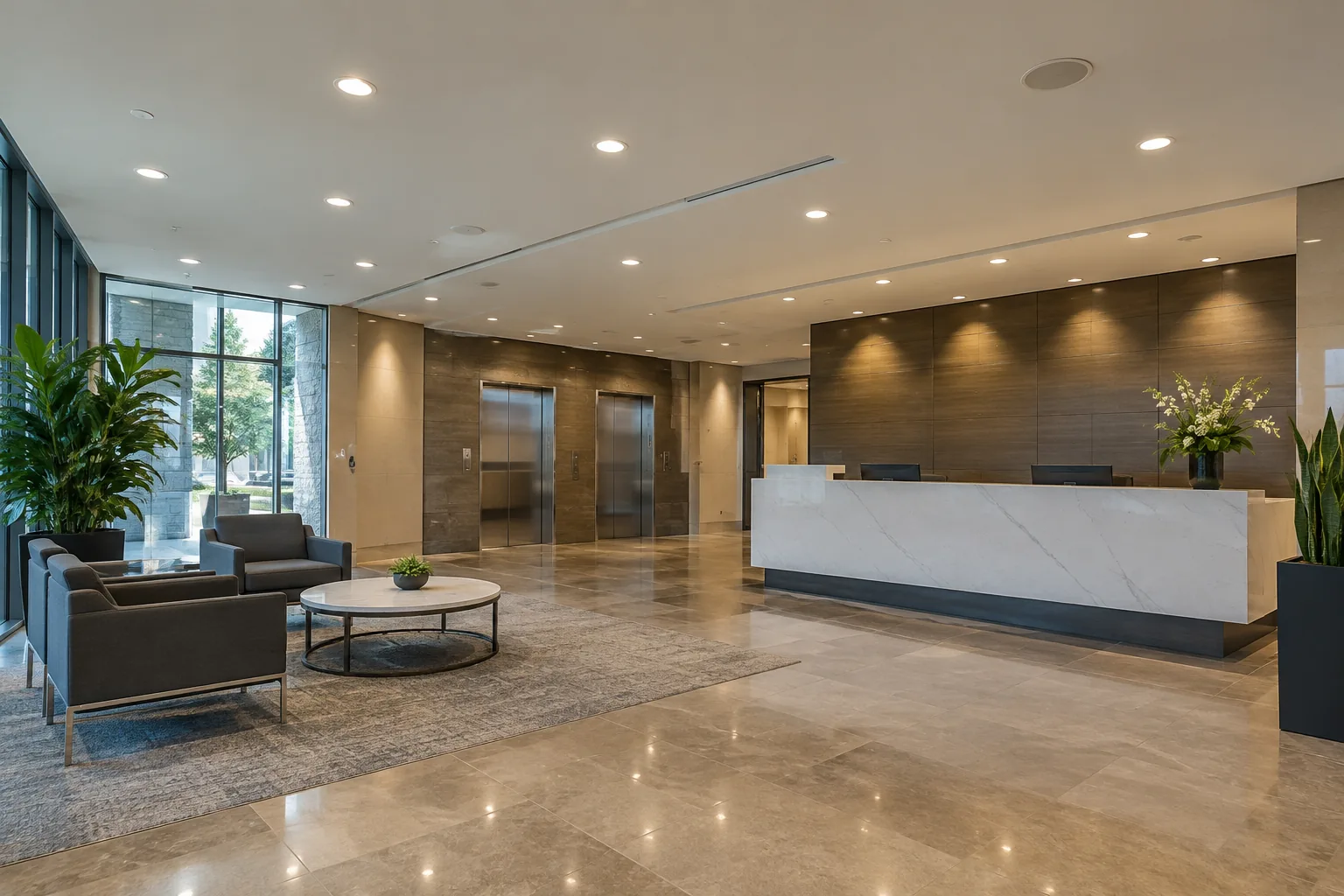 Recessed downlights across a commercial reception and seating area