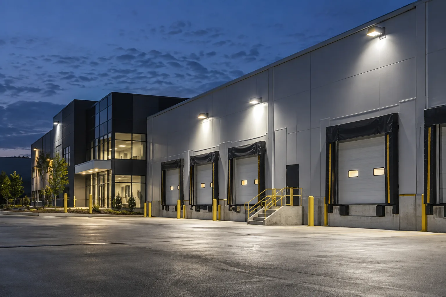 Downward-directed wall fixtures along loading bays and a staff entrance