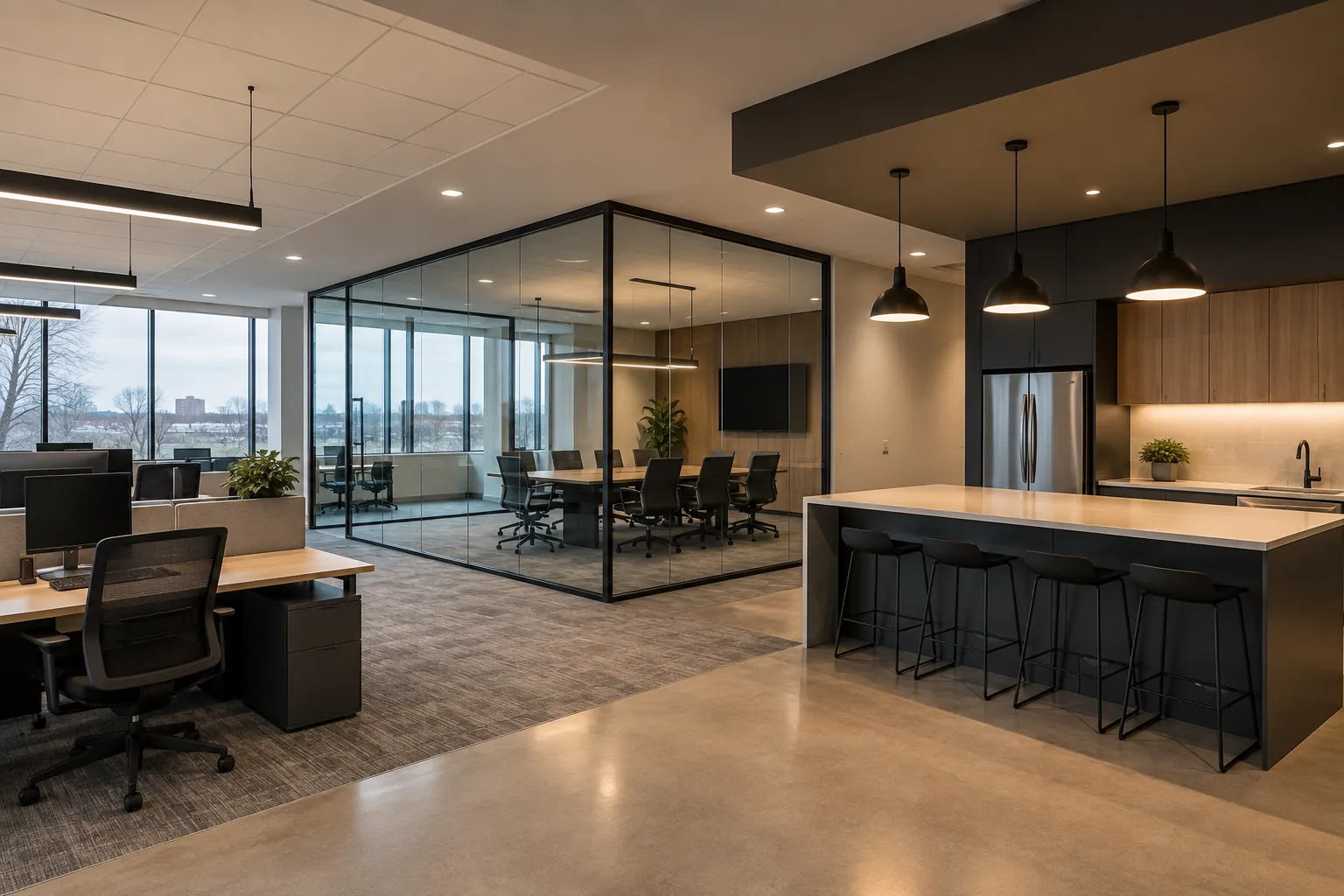 Distinct lighting groups across office desks, a meeting room and a shared counter
