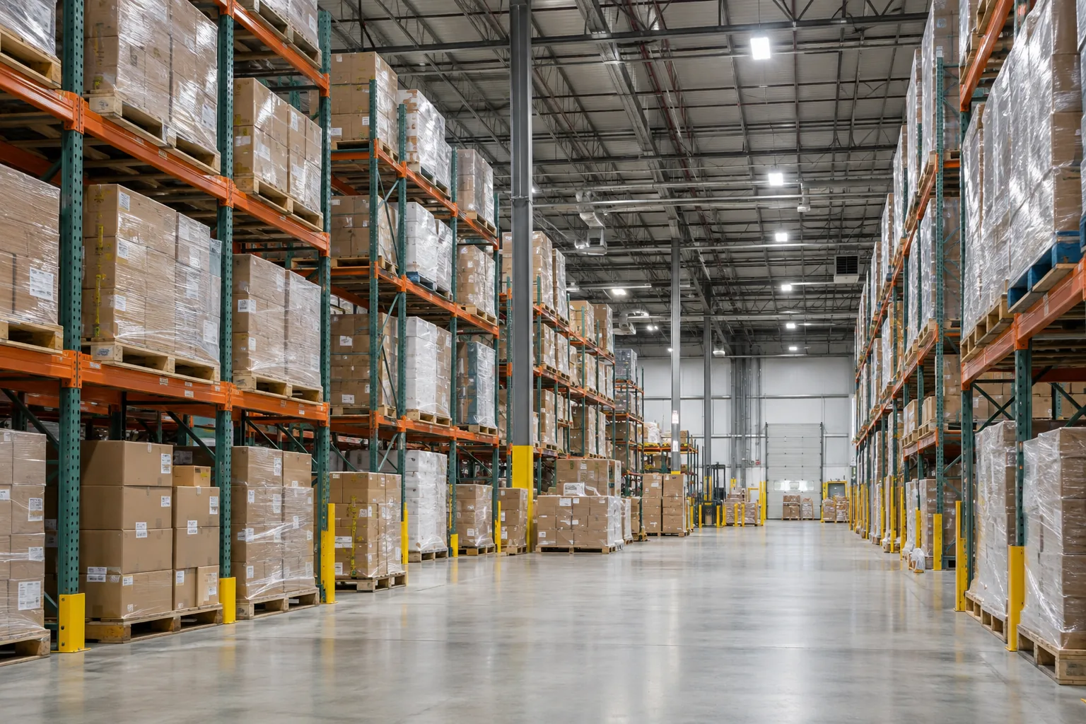 High-bay lighting across a distribution aisle and rack ends
