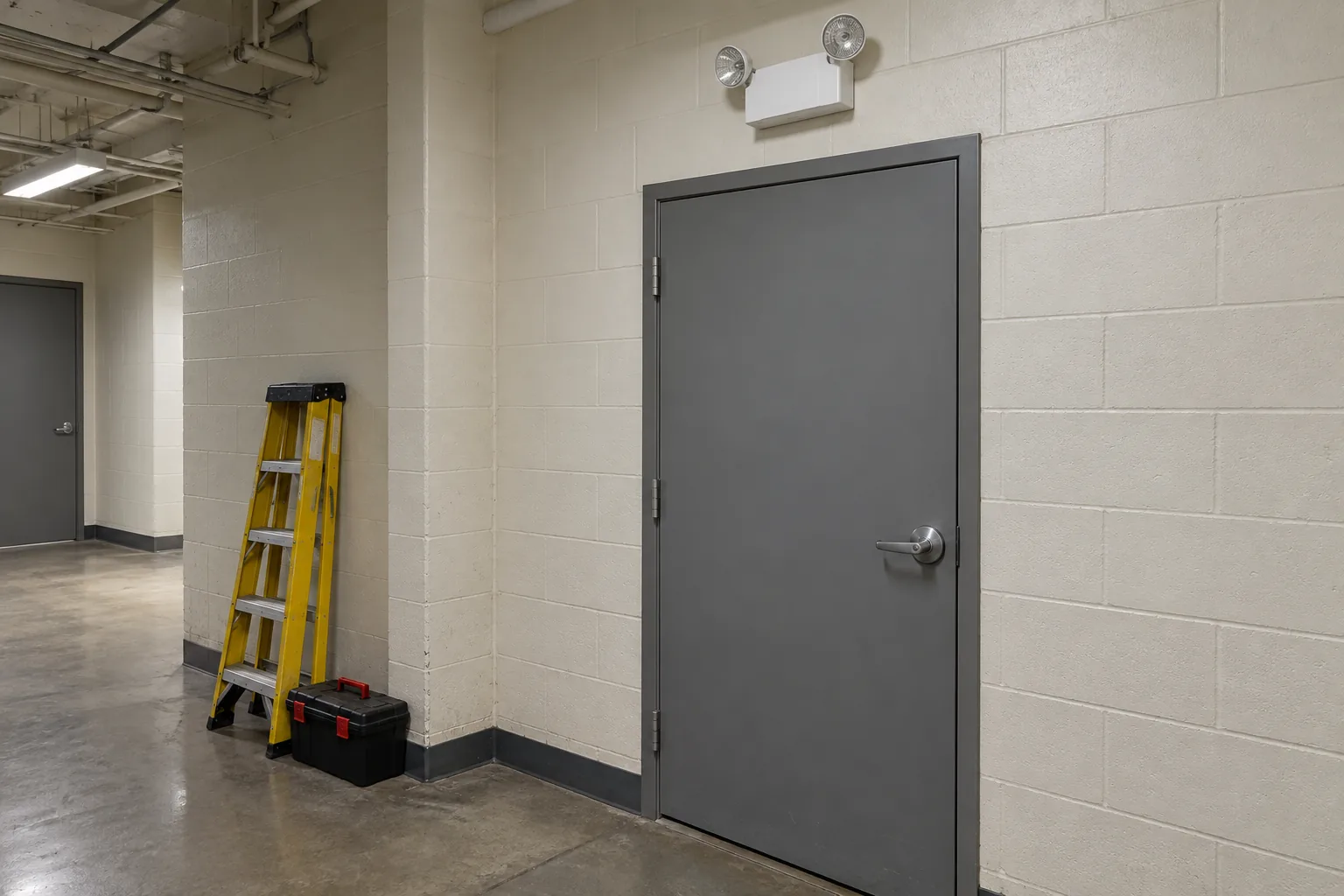 Closed twin-head emergency unit above a service door with access equipment stored below