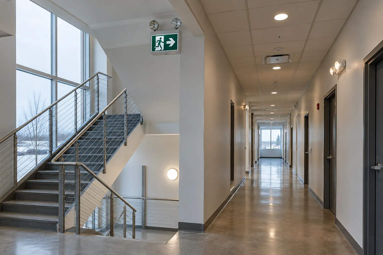 Emergency fixtures and a directional exit sign beside stairs and a common corridor