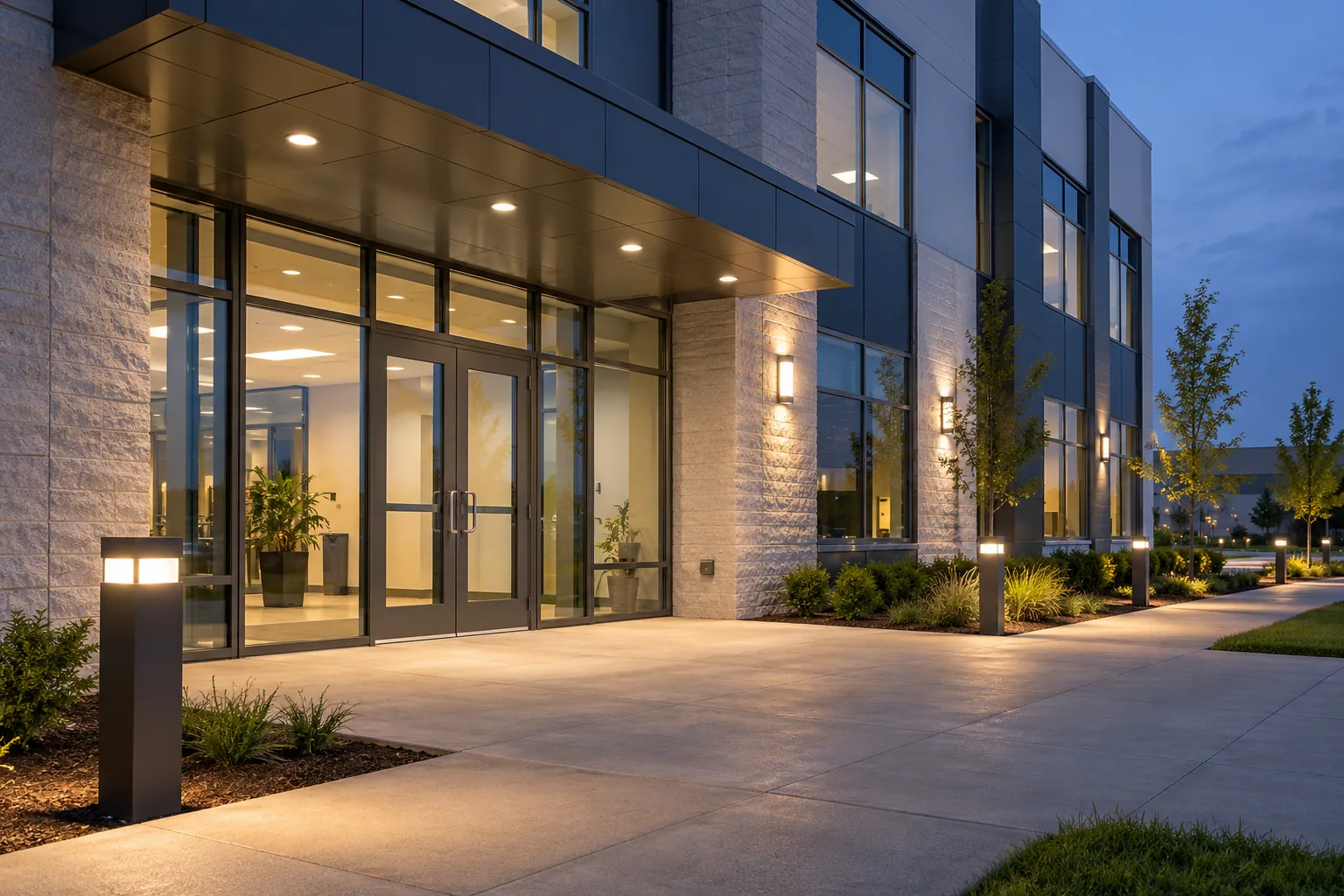 Canopy lights and a bollard fixture beside a commercial entrance walkway