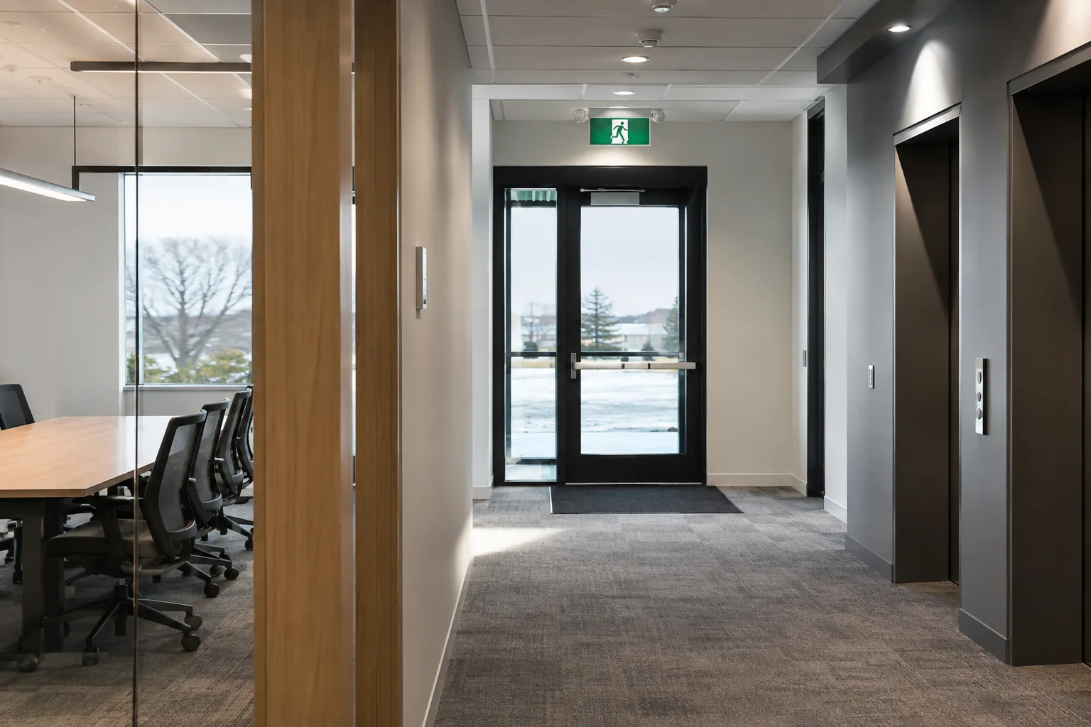 Illuminated directional exit sign above a glazed office doorway