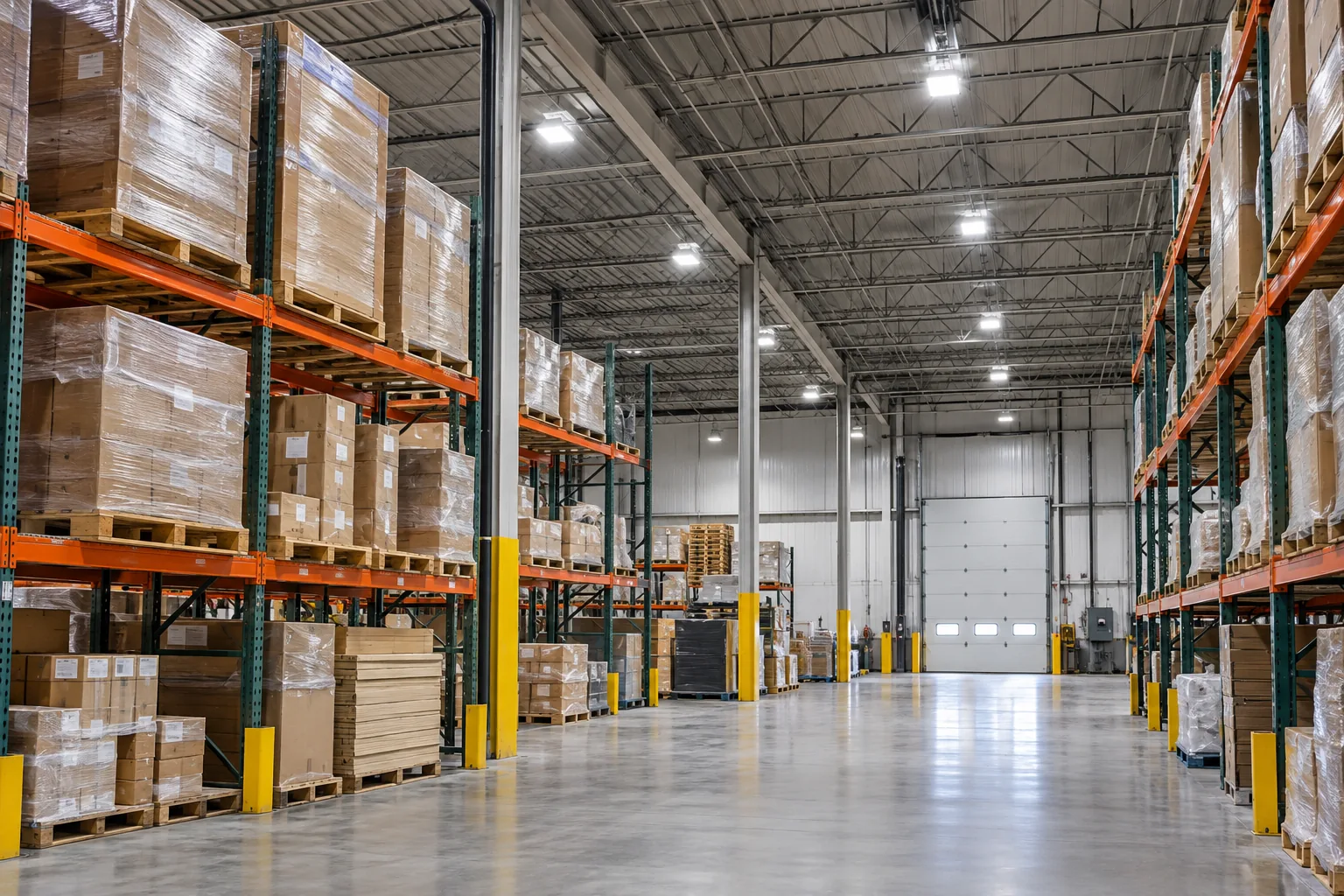 Rectangular high-bay fixtures suspended above tall pallet racks