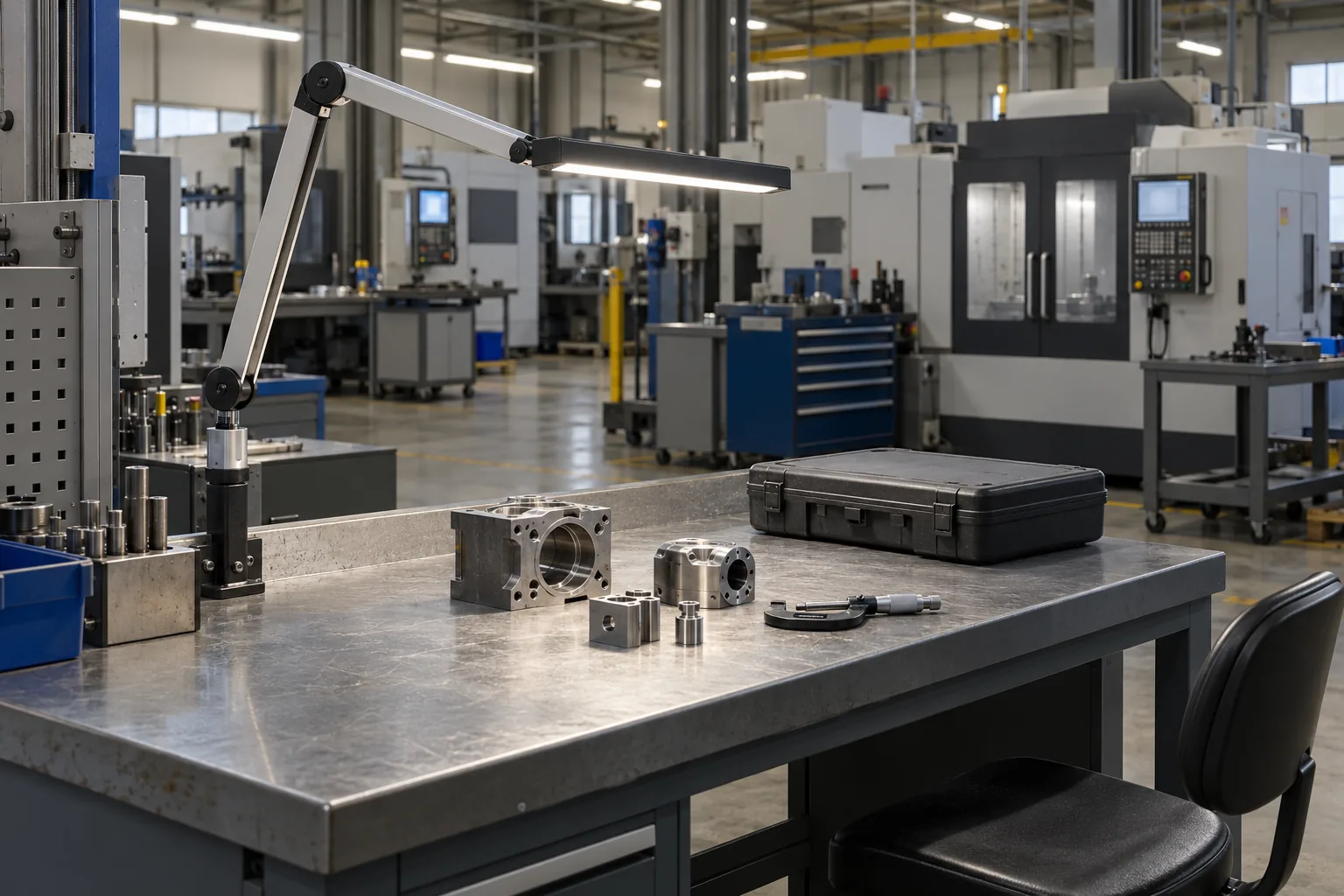 Adjustable LED task lighting directed onto an industrial inspection workbench