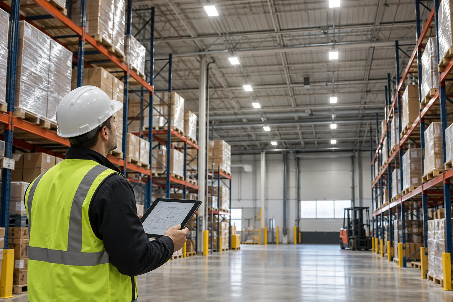 Facility observation from a warehouse aisle beneath high-bay lighting