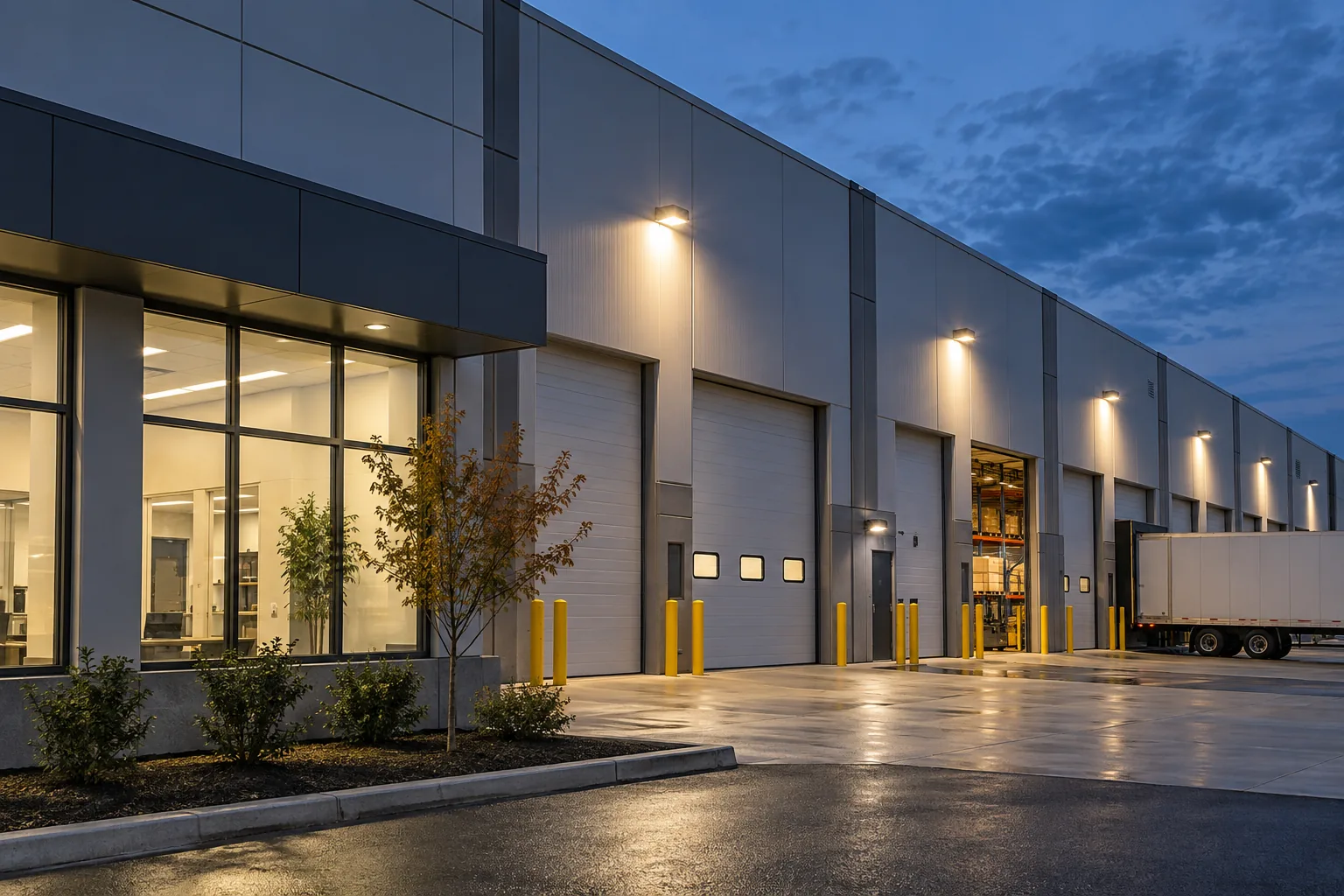 Exterior fixtures illuminating an industrial building and loading area at dusk