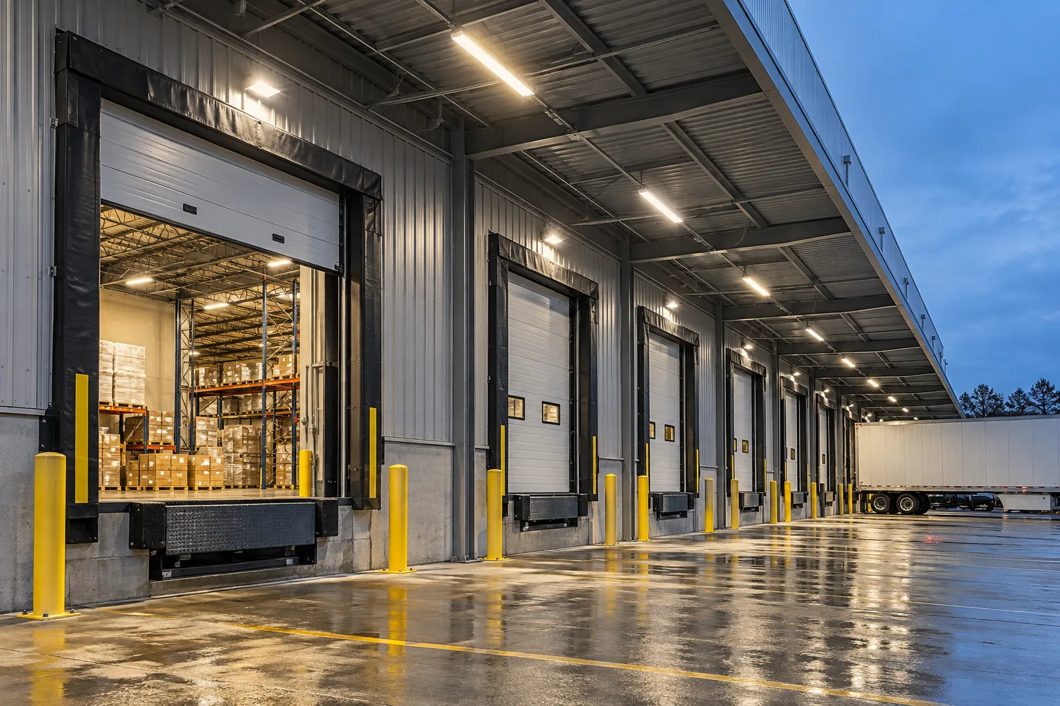 Canopy fixtures illuminating commercial loading bays at dusk