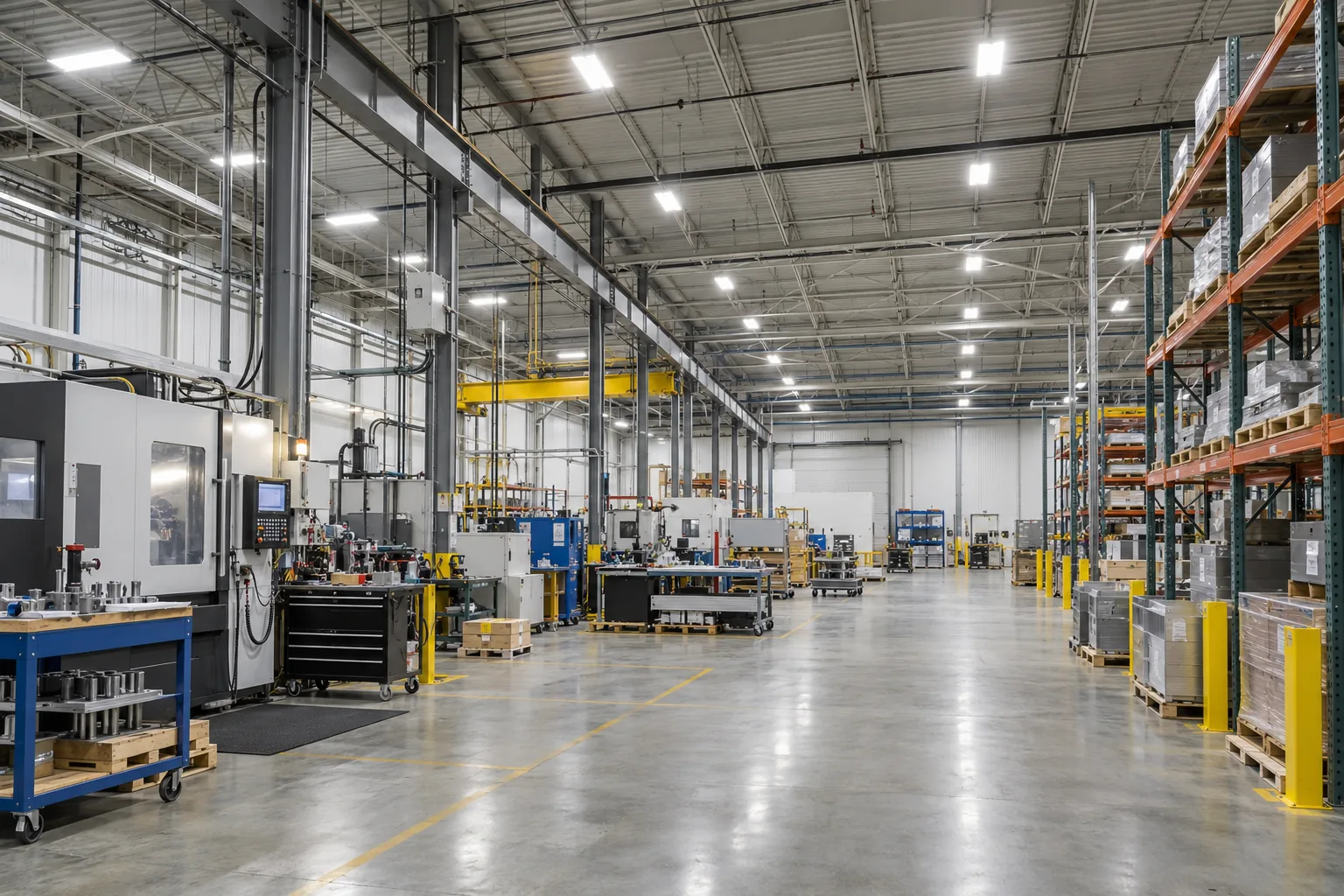 Overhead fixtures above manufacturing equipment, workstations and storage