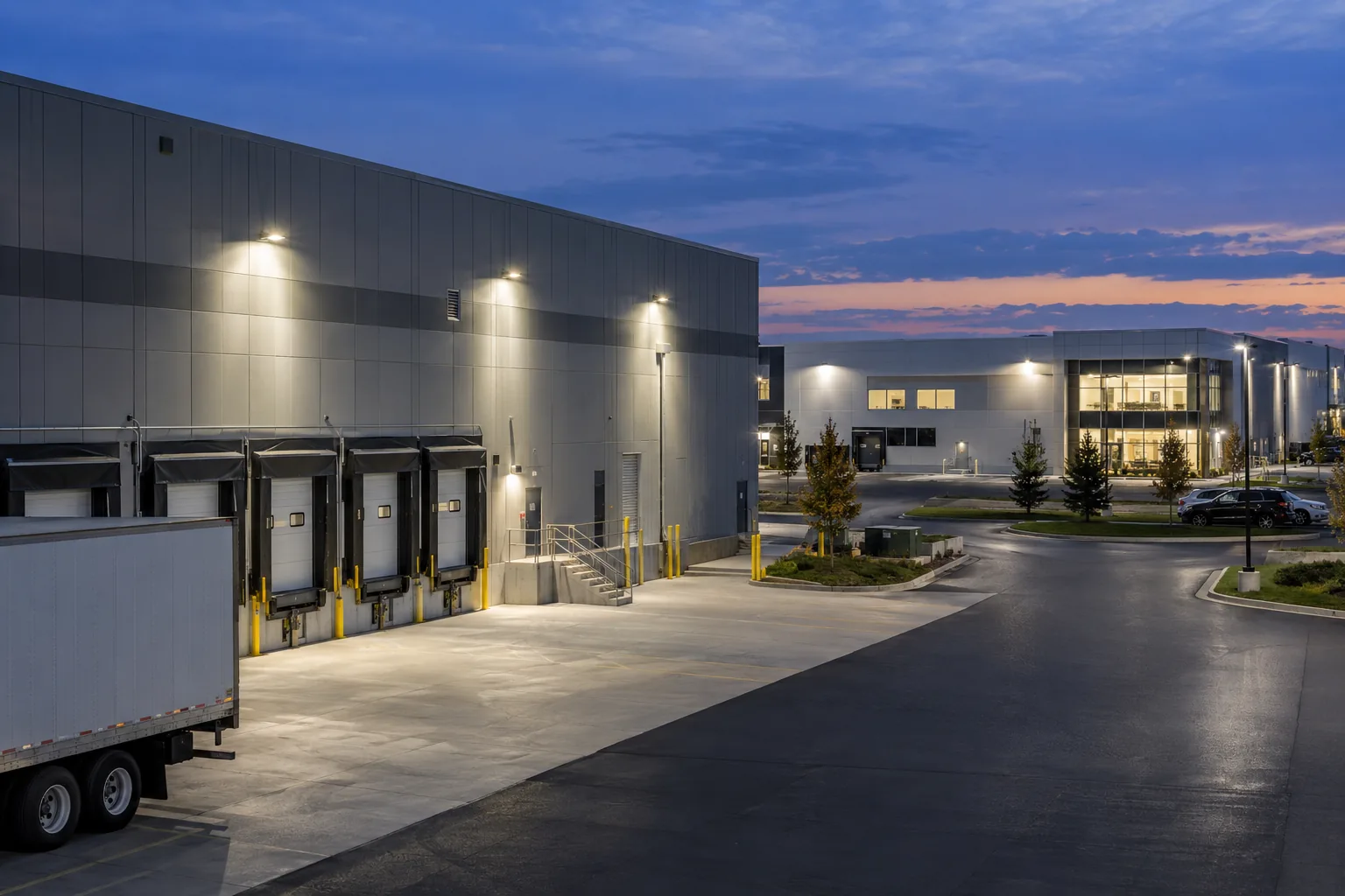 Exterior wall fixtures across neighbouring commercial buildings and loading areas