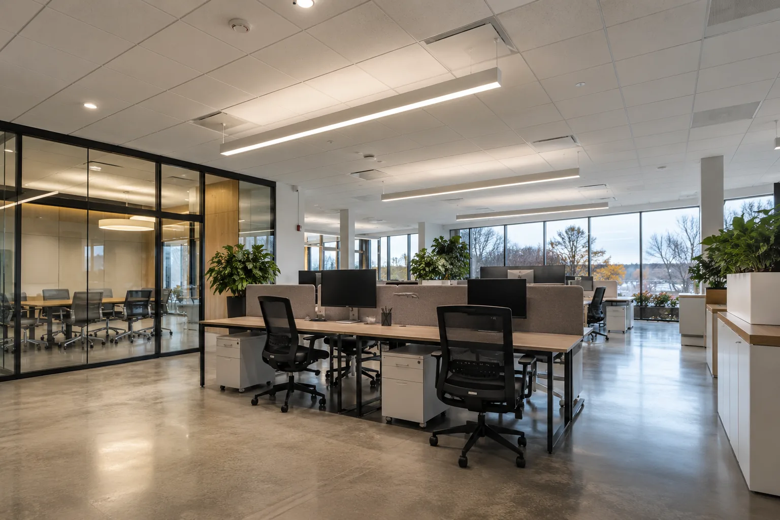 Linear ceiling lighting across office workstations and adjoining rooms