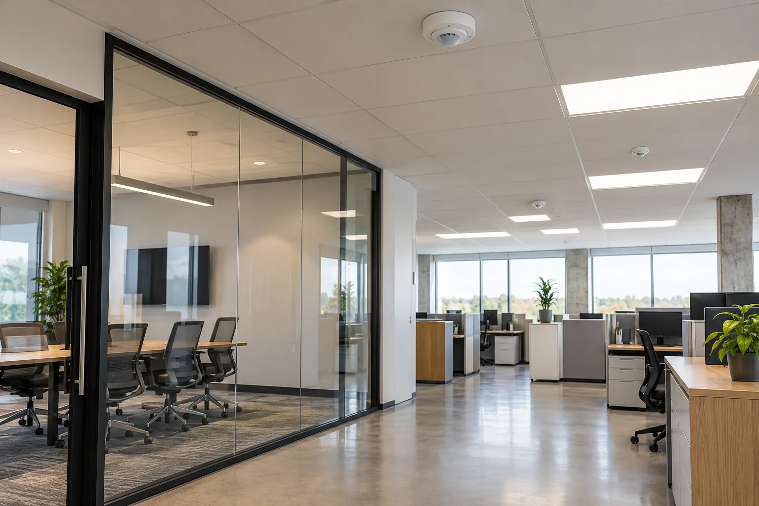 A ceiling sensor among office lighting panels above shared work areas