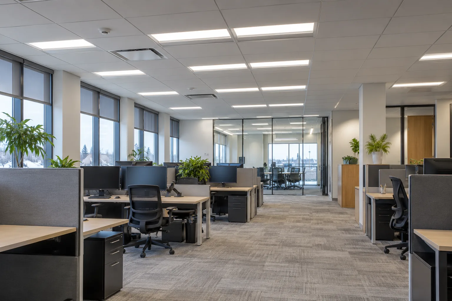 Rectangular LED panels above an open office and shared workstations