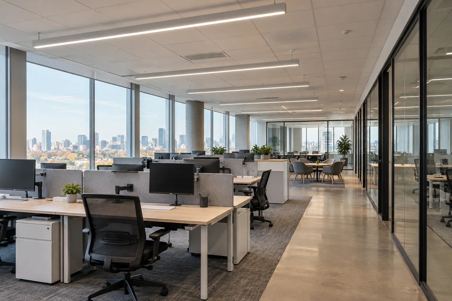 Linear ceiling lighting above office workstations beside large windows