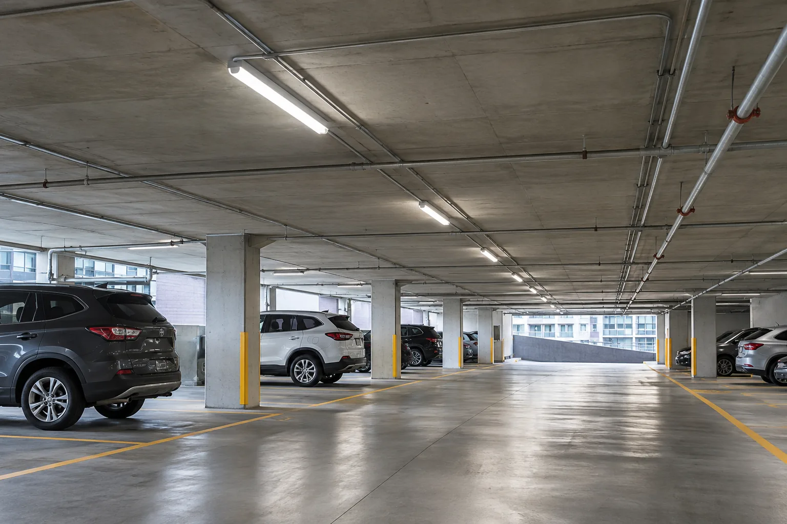 Sealed linear fixtures along a concrete parking garage drive aisle