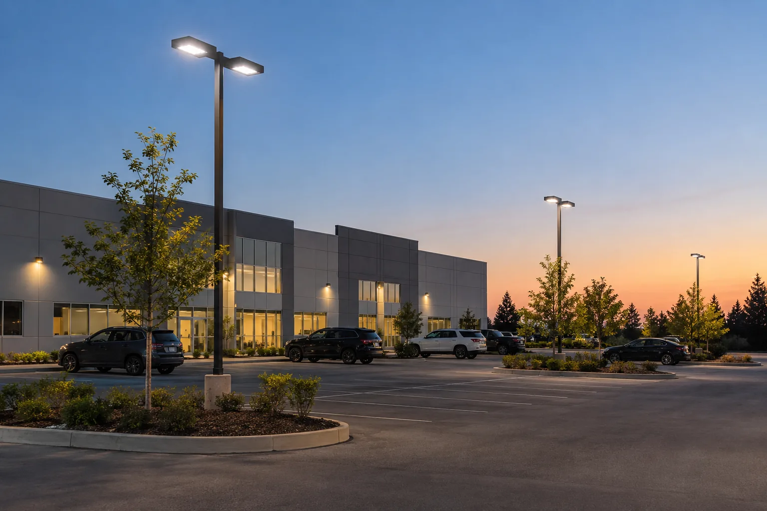 LED pole fixtures above a landscaped commercial parking lot at dusk