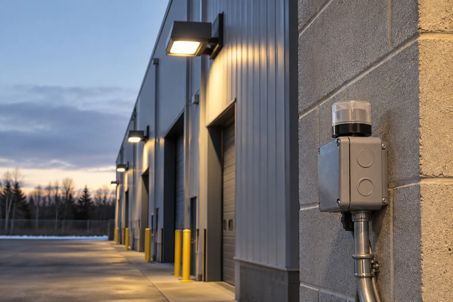 Exterior control device on a junction box beside illuminated commercial wall packs