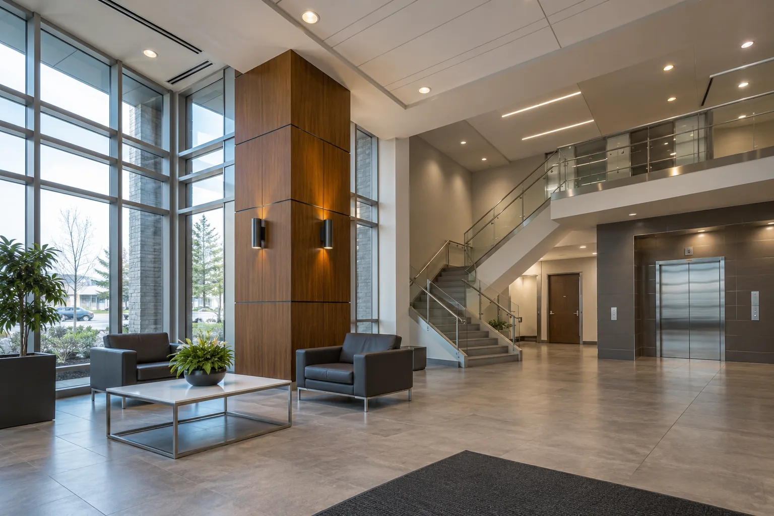 Ceiling and wall lighting in a commercial lobby with stairs and elevator access