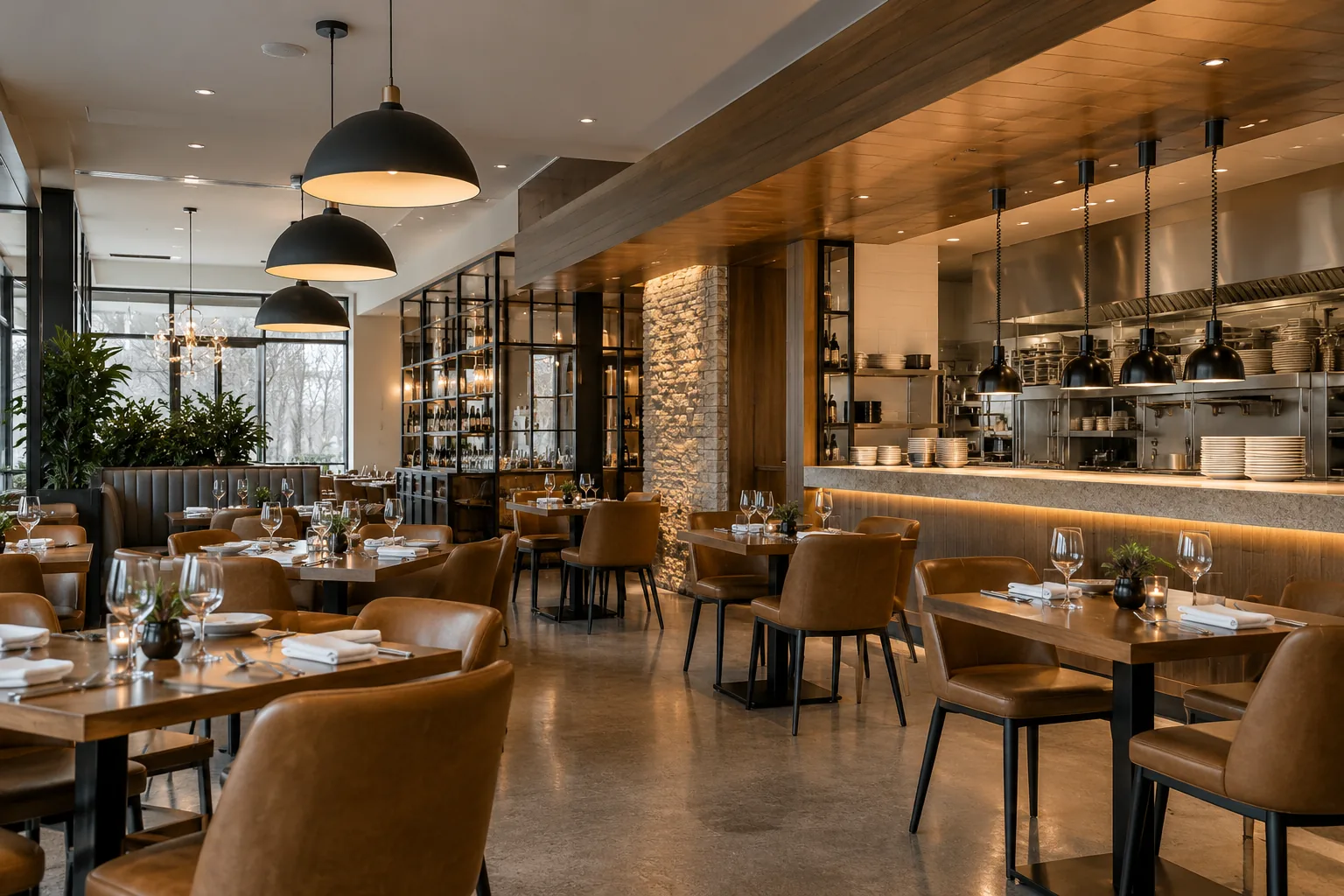 Pendants and recessed fixtures over restaurant tables and a service counter