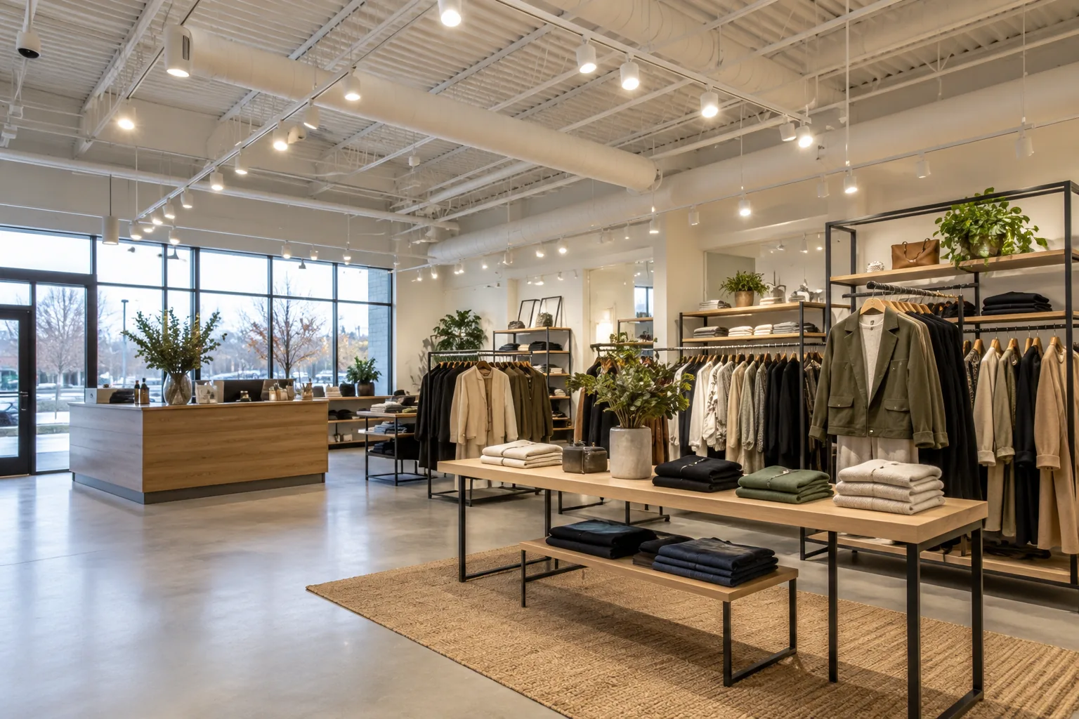 Track and ceiling fixtures above clothing displays and retail circulation space