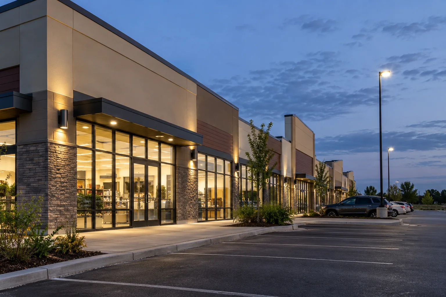 Canopy and pole lighting outside glazed shopping-plaza storefronts