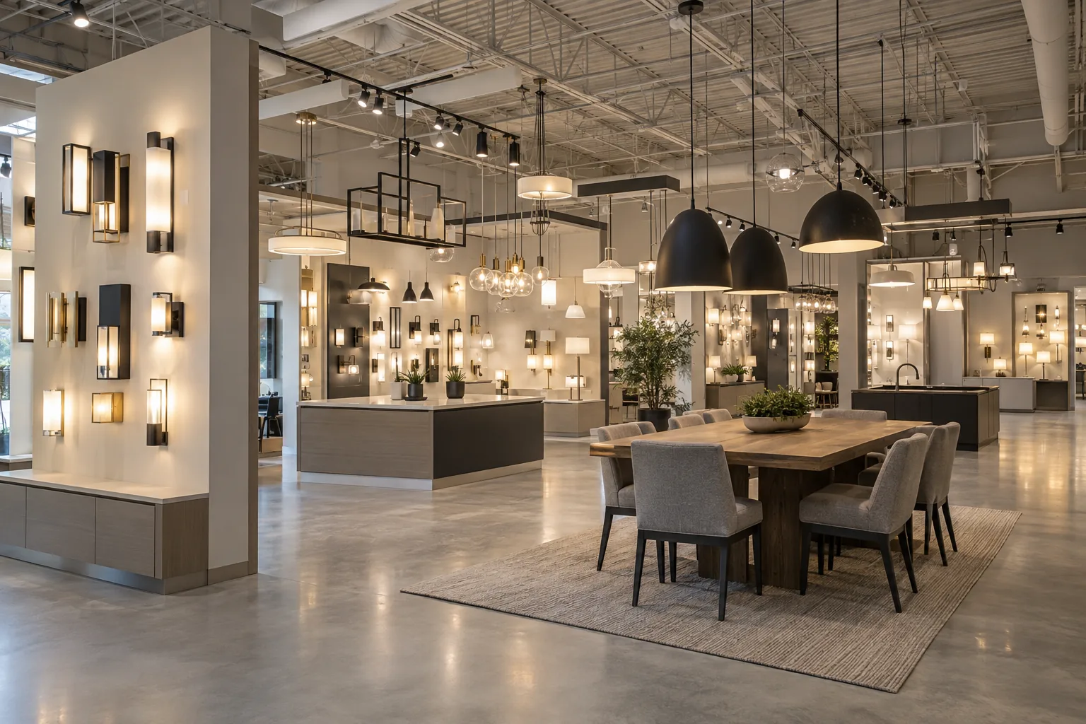 Layered ceiling, display and pendant lighting in a lighting showroom