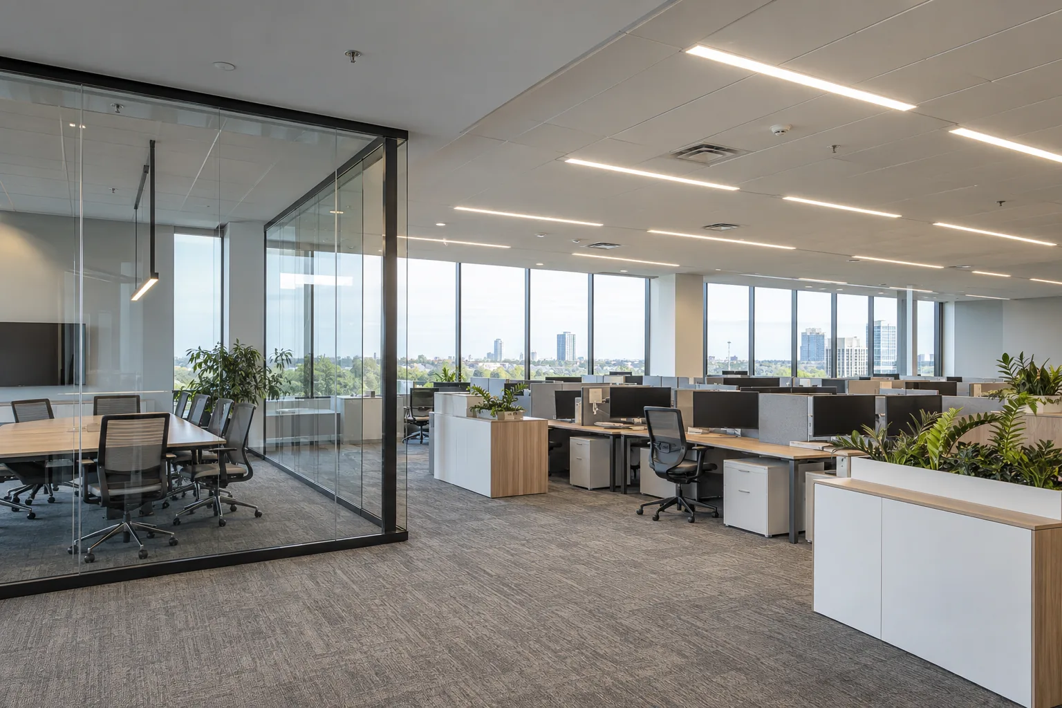 Linear office lighting around desks and glass meeting-room partitions