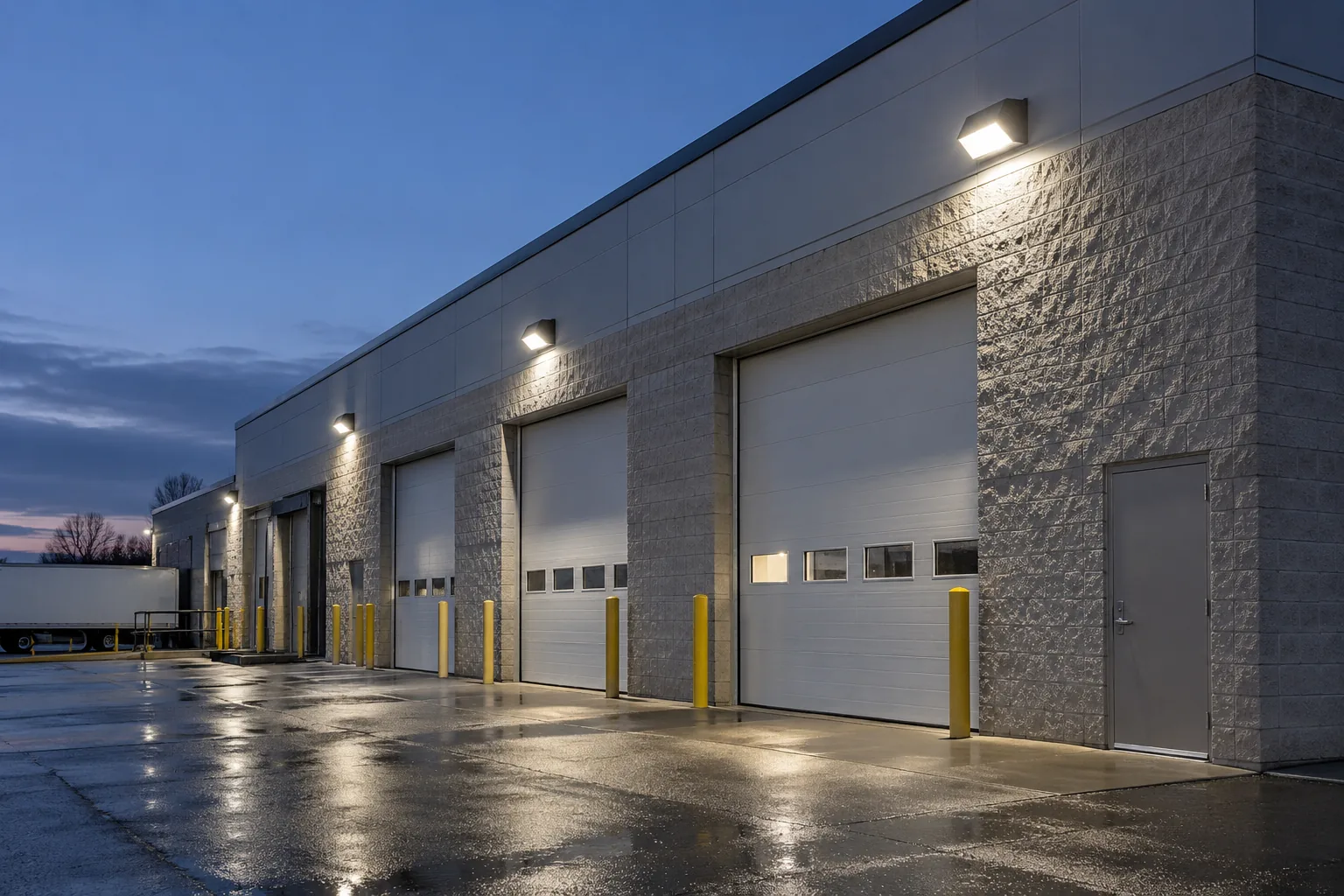 Wall packs illuminating a row of industrial loading doors