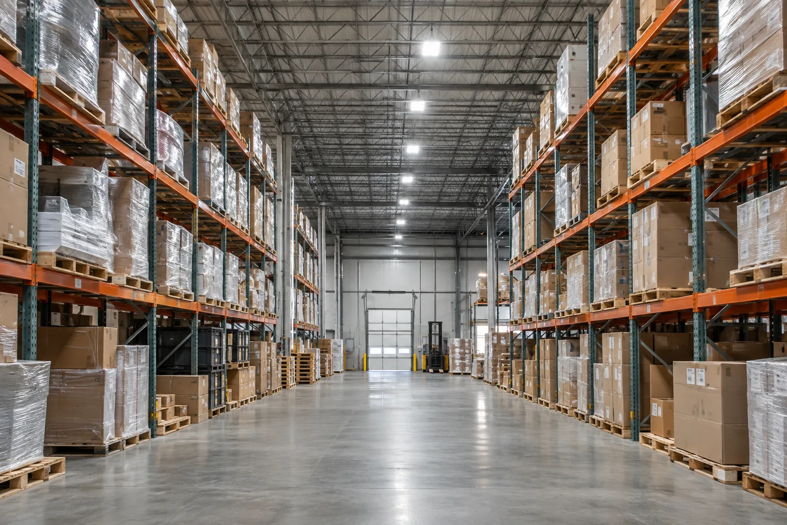 A line of overhead fixtures aligned with a warehouse storage aisle