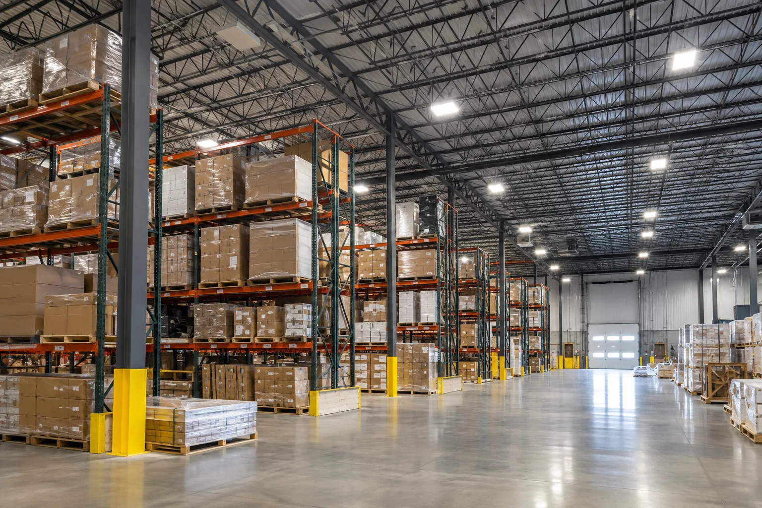 Overhead lighting along tall warehouse racks and a clear travel aisle